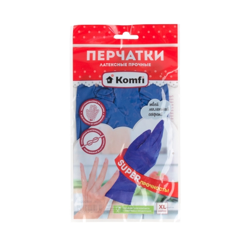 Перчатки хозяйственные латексные прочные, синие, Komfi