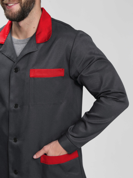 Халат мужской Технолог (тк.Смесовая,210), т.серый/красный Факел