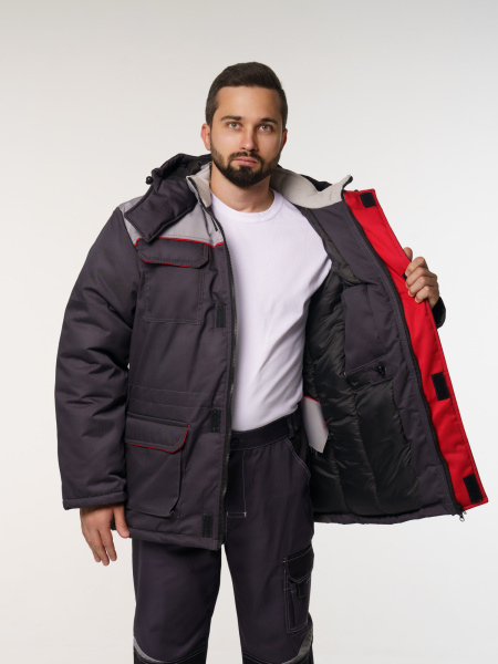 Куртка мужская зимняя Кур703 ткань Твил, цвет темно-серый, светло-серый с красным кантом без СОП