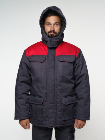 Куртка мужская зимняя Кур703 ткань Твил, цвет темно-серый с красным