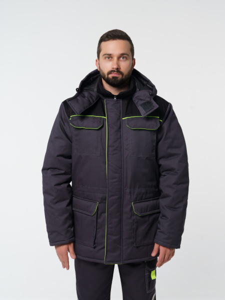 Куртка мужская зимняя Кур703 ткань Твил, цвет темно-серый, черный с лимонной отделкой