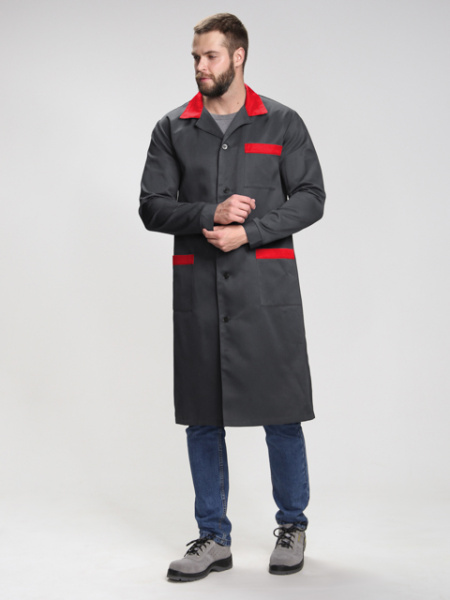 Халат мужской Технолог (тк.Смесовая,210), т.серый/красный Факел